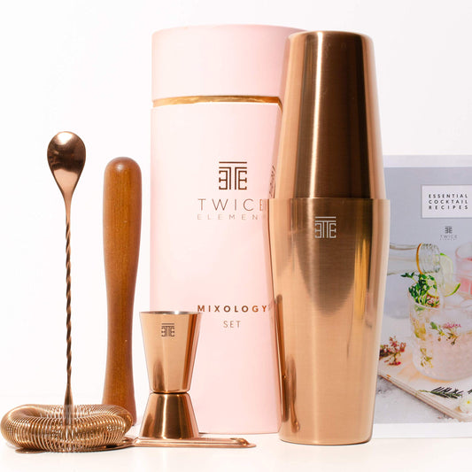 Twice Element® Cocktail Shaker Set - Stainless Steel Boston Shaker | Abundant accessories for easy handling | Bonus recipe book, elegant gift box & storage pouch (Pink)