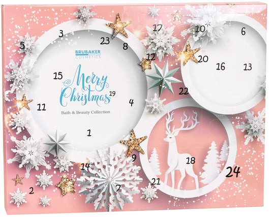 BRUBAKER Cosmetics Beauty Advent Calendar 2025 - the XXL wellness Christmas calendar for women and girls - 24 x body care products & spa accessories - stars and snowflakes in pink.
