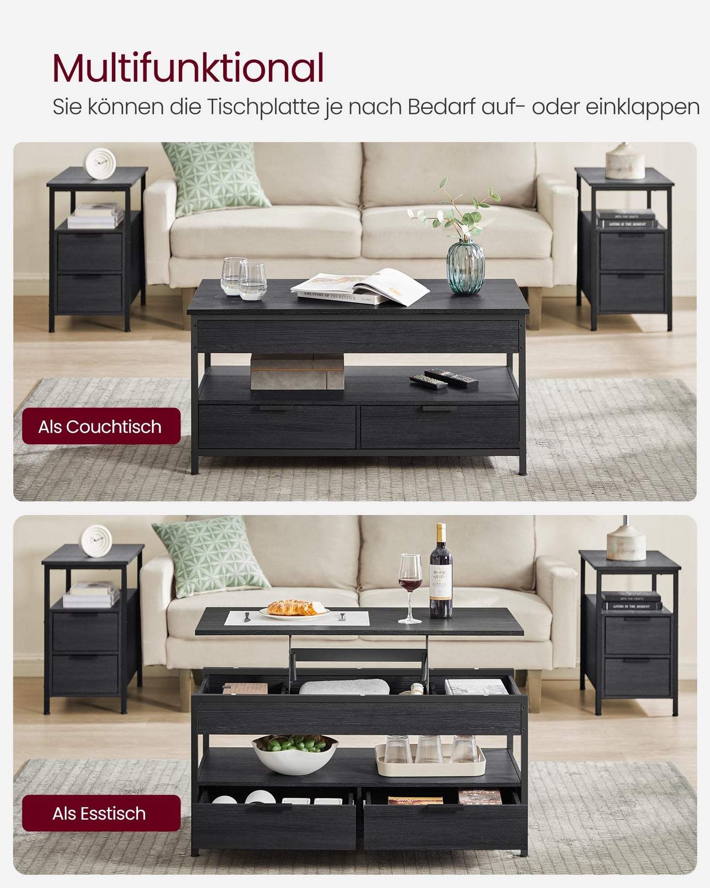 VASAGLE Coffee Table, Adjustable Height Living Room Table, with Drawers, Open Compartment, 50 x 100 cm, Anthracite Gray-Charcoal Black LCT209B22.
