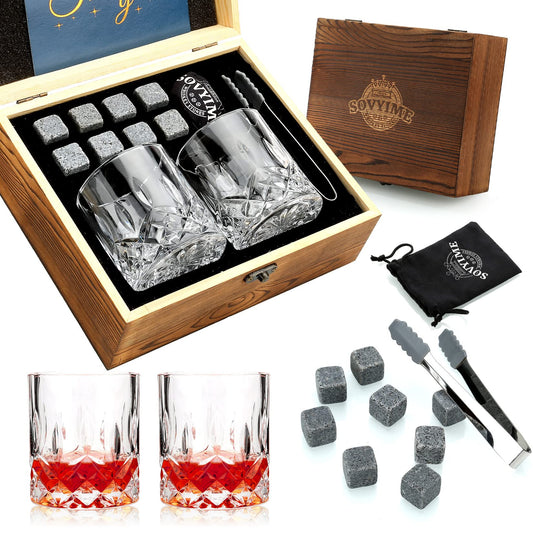 Whiskey Glass Gift Set, Whiskey Stones, Whiskey Gift Sets for Men, 8 Whiskey Stones 2 Crystal Whiskey Glasses Wooden Box Gift, Birthday Gifts for Men, Dad, Husband Valentine's Day (Round)