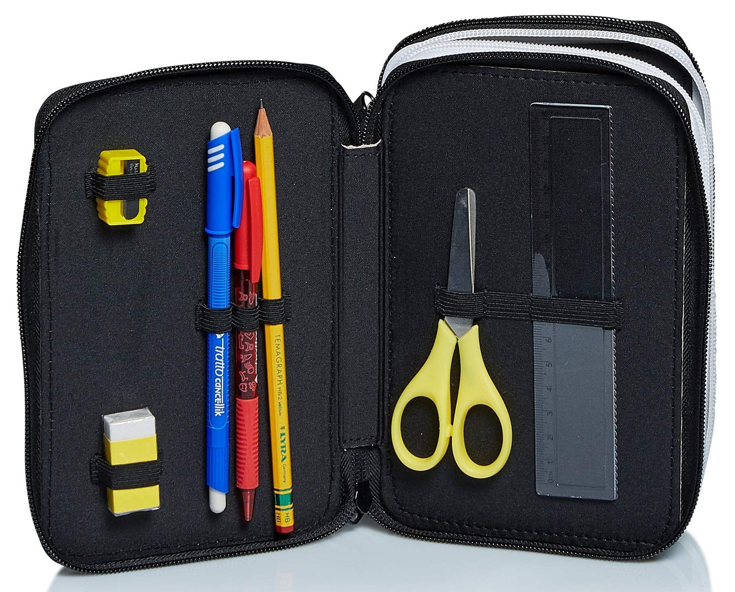 Seven Juventus pencil case, pen pouch for stationery, complete with pencils, markers, school supplies, with 3 compartments, girls, school - elementary school, XXL soccer black and white
