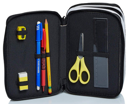 Seven Juventus pencil case, pen pouch for stationery, complete with pencils, markers, school supplies, with 3 compartments, girls, school - elementary school, XXL soccer black and white