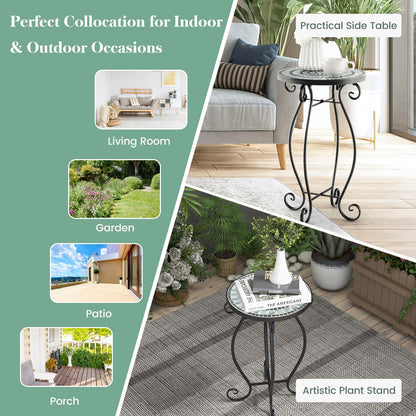 HOMASIS garden table side table with mosaic pattern, plant stand with round tabletop made of metal & tiles, balcony table for garden, balcony & living room (black+grey)