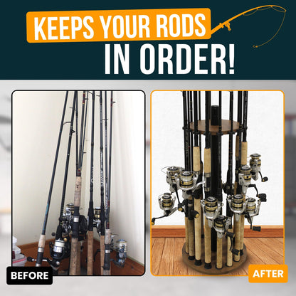 Rush Creek Creations Round Fishing Rod Holder for 16 freshwater fishing rods, fishing gear and accessories, rod holder with 16 rod clips for garage organization.