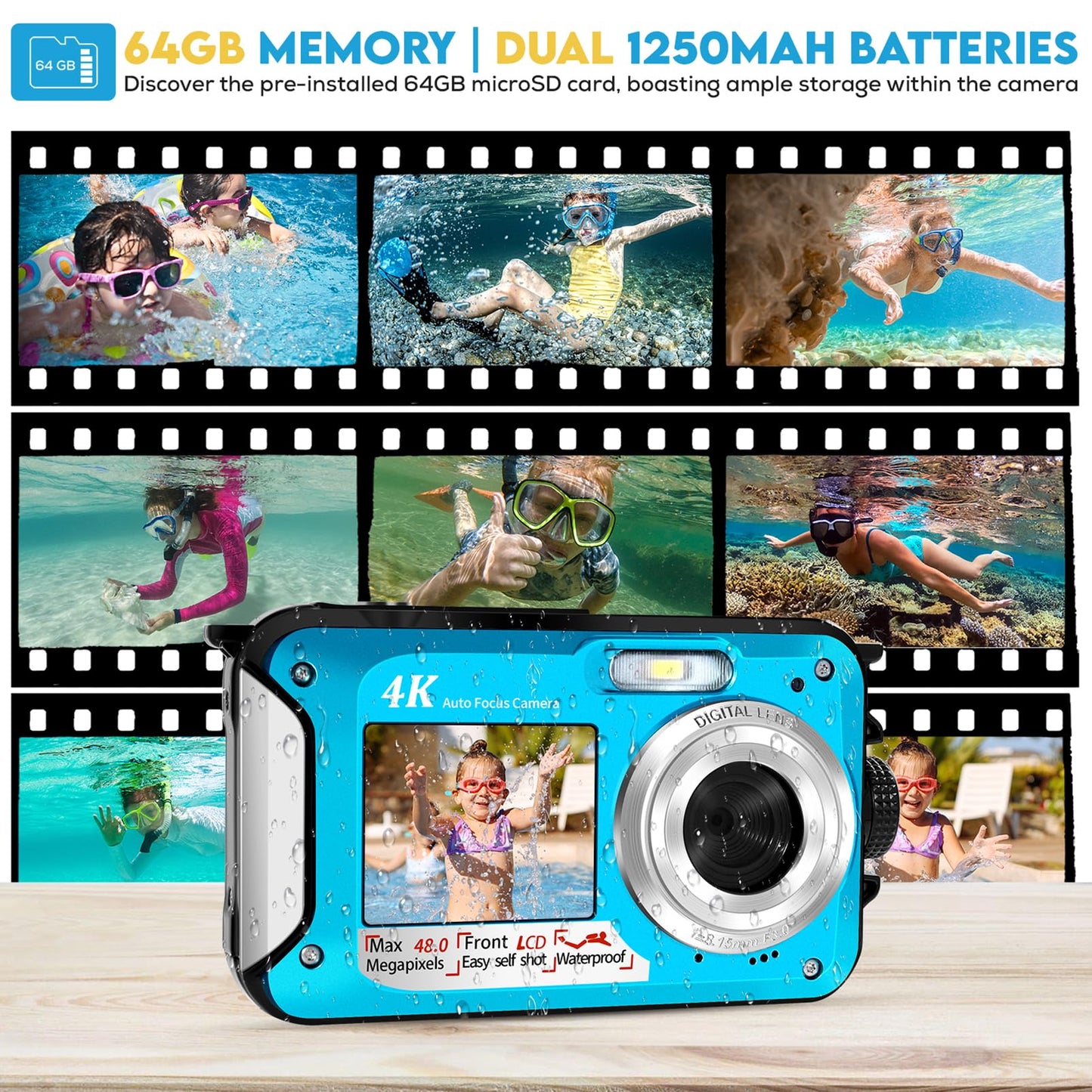 4K underwater camera with 64GB card, 48MP underwater camera with autofocus & HD dual selfie display, 3.5m waterproof camera, waterproof digital camera for kids & snorkeling (2 batteries)