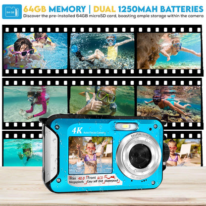4K underwater camera with 64GB card, 48MP underwater camera with autofocus & HD dual selfie display, 3.5m waterproof camera, waterproof digital camera for kids & snorkeling (2 batteries)