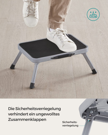 SONGMICS Step Stool, Folding Step Ladder, One-Step Steel Ladder, Non-Slip Step Surface, Holds up to 150 kg, Size unfolded 32 x 44 x 17.5 cm, gray GSL001G01