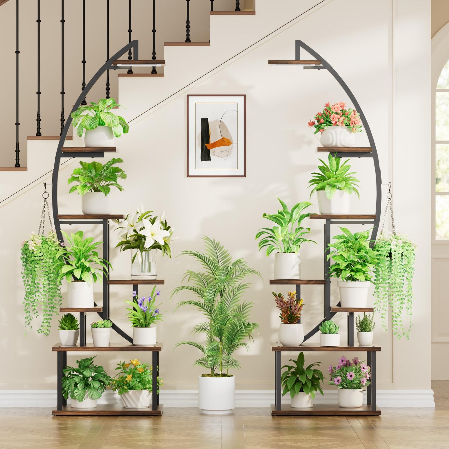 BACEKOLL Plant Stand with Grow Light - 7 Tier Flower Stand 165cm Metal Wood Plant Shelf - Indoor & Outdoor Flower Ladder - Decorative Black Plant Stand for Interior Garden Balcony 2 PACK