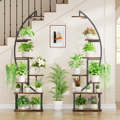 BACEKOLL Plant Stand with Grow Light - 7 Tier Flower Stand 165cm Metal Wood Plant Shelf - Indoor & Outdoor Flower Ladder - Decorative Black Plant Stand for Interior Garden Balcony 2 PACK
