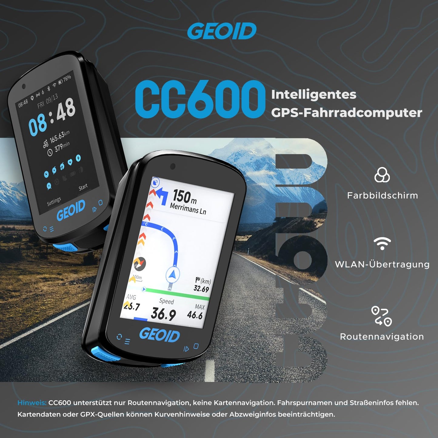 GEOID CC600 GPS bike computer, 2.4-inch color screen, wireless waterproof bike speedometer, route navigation, custom data, multiple languages, WiFi & Bluetooth & ANT+