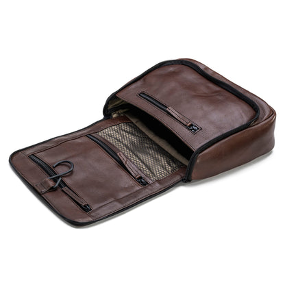 FARMHOOD Memphis Women/Men Leather Toiletry Bag | large cosmetic bag with hook for hanging | many compartments with zipper | Beauty case 27 cm with zipper on the back