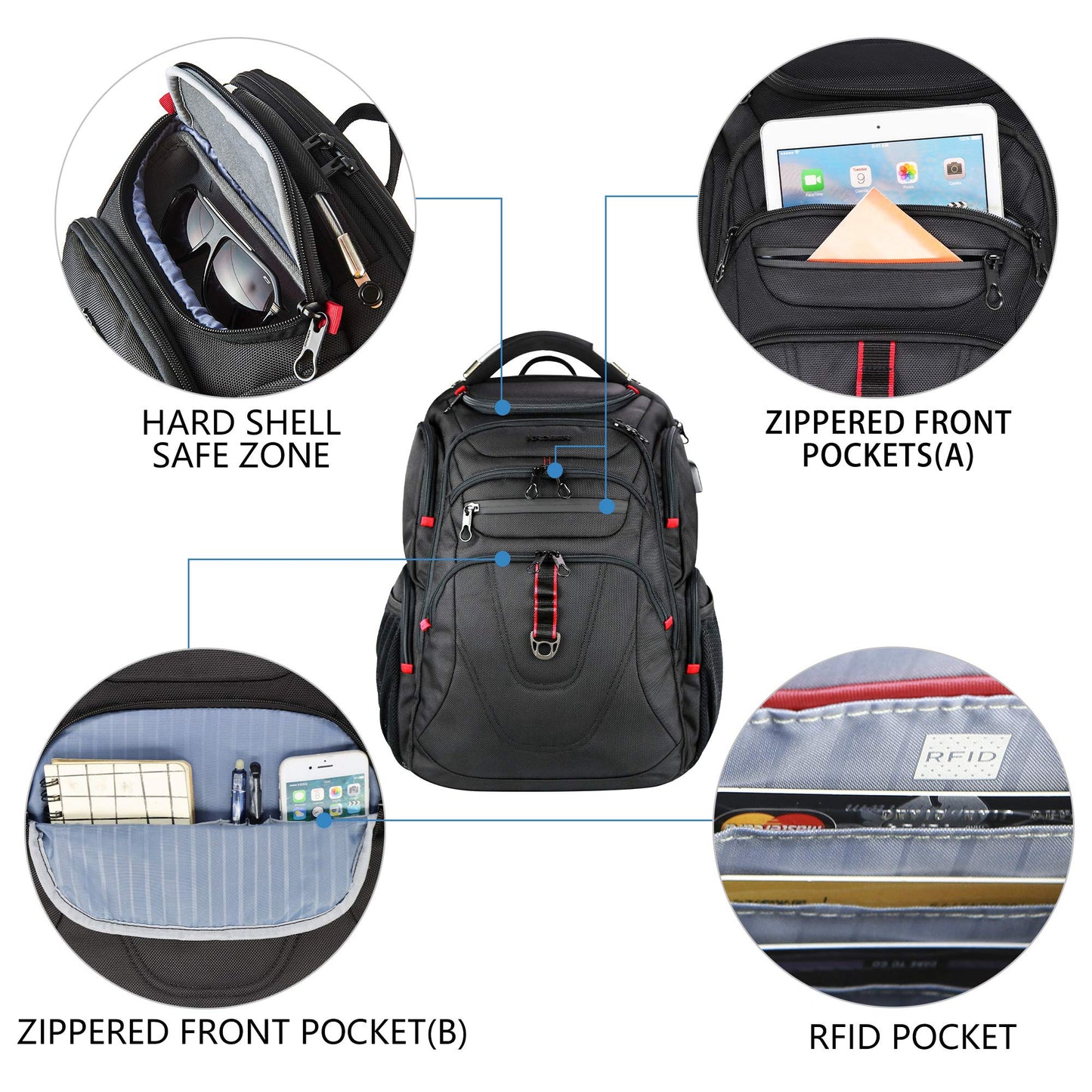 KROSER Laptop Backpack 17.3 Inch Business Travel Backpack Carry-On Waterproof with Hard Shell Security Compartment Charging Port RFID Pocket for Men/Women/College/School - Black MEHRWEG