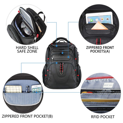 KROSER Laptop Backpack 17.3 Inch Business Travel Backpack Carry-On Waterproof with Hard Shell Security Compartment Charging Port RFID Pocket for Men/Women/College/School - Black MEHRWEG