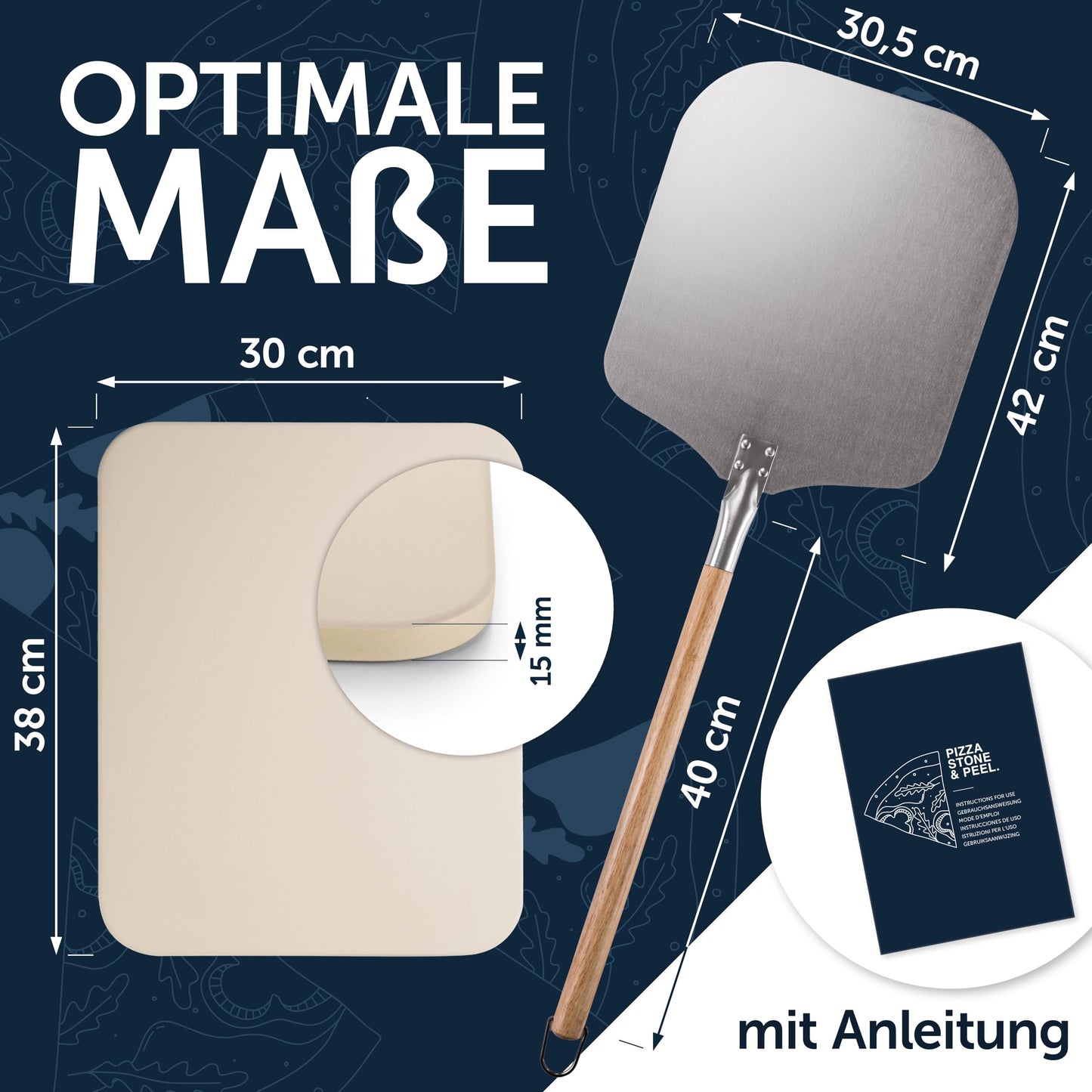 Blumtal pizza stone for oven 38x30cm + sturdy pizza peel - pizza stone for gas grill made of cordierite stone up to 900°C - suitable for gas grill - pizza stone - bread baking stone.