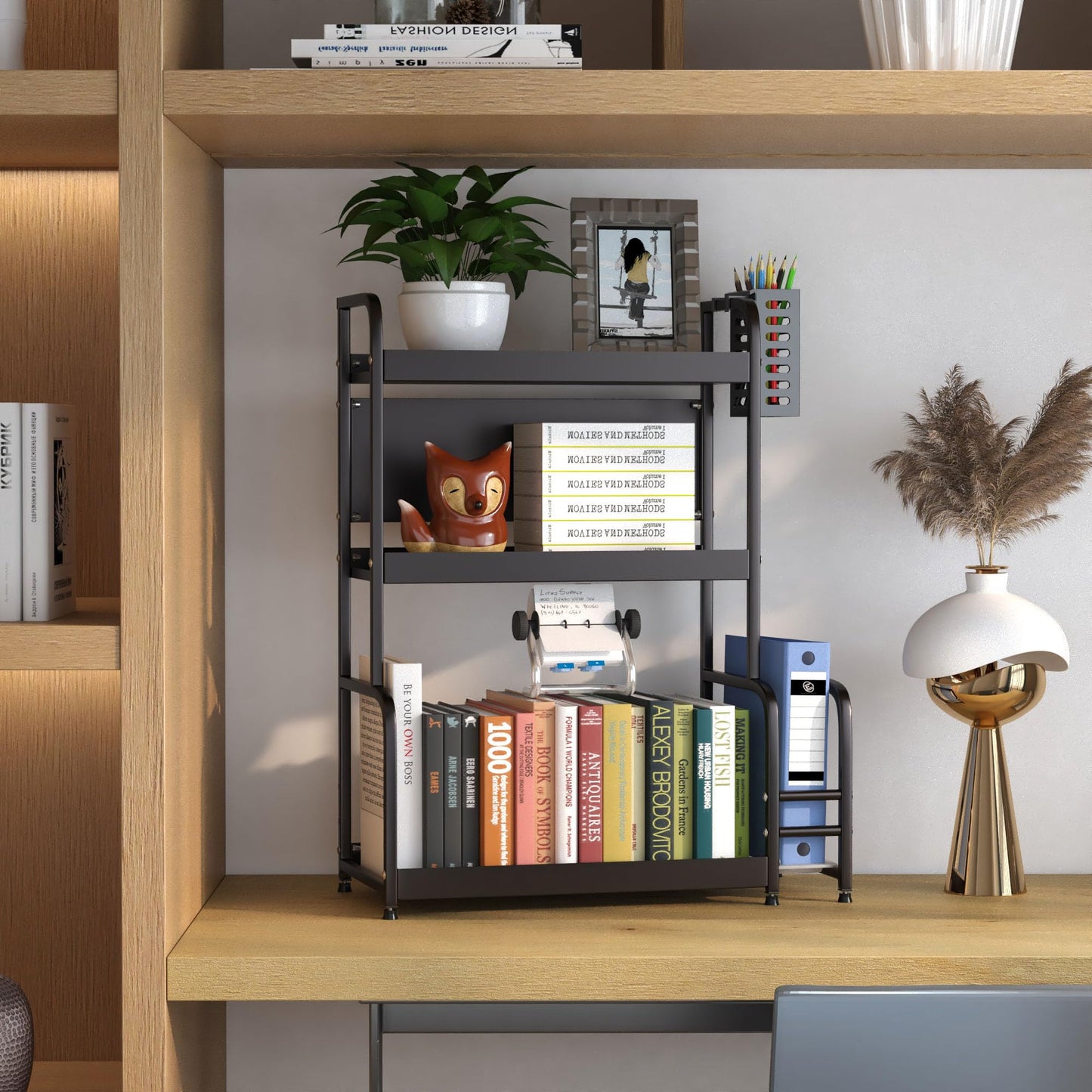FEXPLENDID kitchen shelf countertop, 63x49x22.5cm, spice racks for kitchen countertop, steel, spice organizer, freestanding spice rack, table shelf for kitchen, office, laundry room (3-tier black)