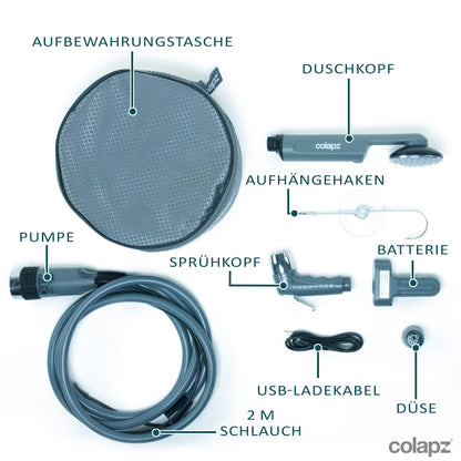 Colapz portable camping shower with battery & pump - rechargeable outdoor shower for camping, caravans, motorhomes, vans, cars & pets - USB charge & carry bag