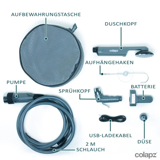 Colapz portable camping shower with battery & pump - rechargeable outdoor shower for camping, caravans, motorhomes, vans, cars & pets - USB charge & carry bag