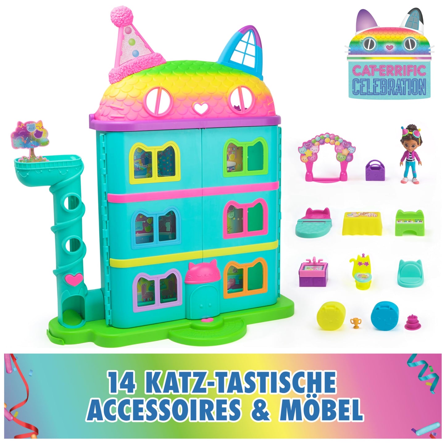 Gabby's Dollhouse, 15-piece Purrfect Party dollhouse play set in rainbow colors, over 60cm with Gabby figure, furniture, and sound effects, for ages 3+.