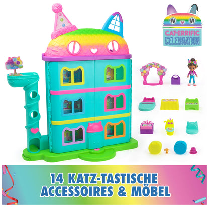 Gabby's Dollhouse, 15-piece Purrfect Party dollhouse play set in rainbow colors, over 60cm with Gabby figure, furniture, and sound effects, for ages 3+.