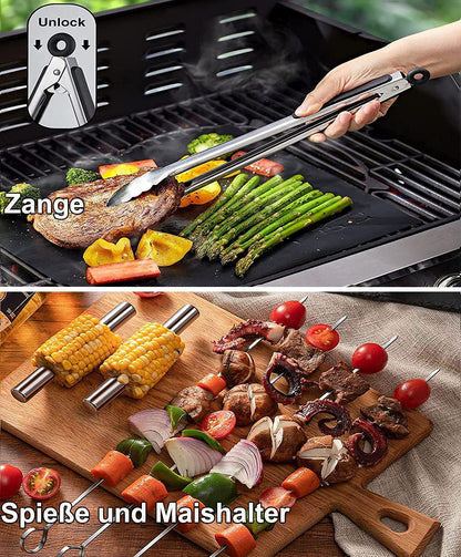 BBQ Tools Set, Grill Accessories Men's Gift Christmas, Stainless Steel BBQ Toolbox Set of 21, Grilling Accessories with BBQ Tongs, Spatula, and Apron, BBQ Grill Set Ideal for Outdoor and Camping.