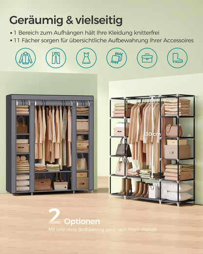 SONGMICS wardrobe, fabric closet with 12 shelves and clothes rail, sturdy cabinet for bedroom, dressing room, 150 x 45 x 175 cm, grey LSF03G