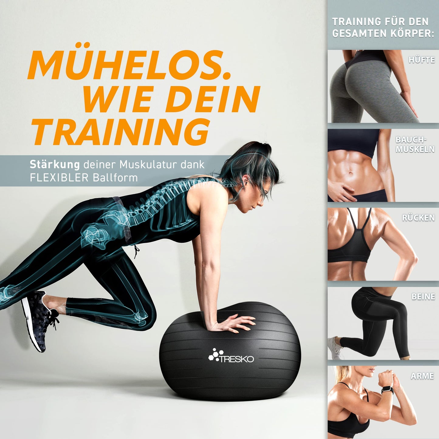 TRESKO Exercise Ball with FREE workout poster and pump - Yoga Ball BPA-Free | Office Chair Ball | Anti-Burst | 300 kg, Black, 85cm (for body height over 185cm)