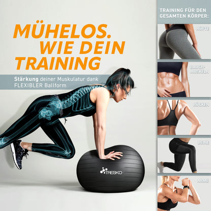 TRESKO Exercise Ball with FREE workout poster and pump - Yoga Ball BPA-Free | Office Chair Ball | Anti-Burst | 300 kg, Black, 85cm (for body height over 185cm)