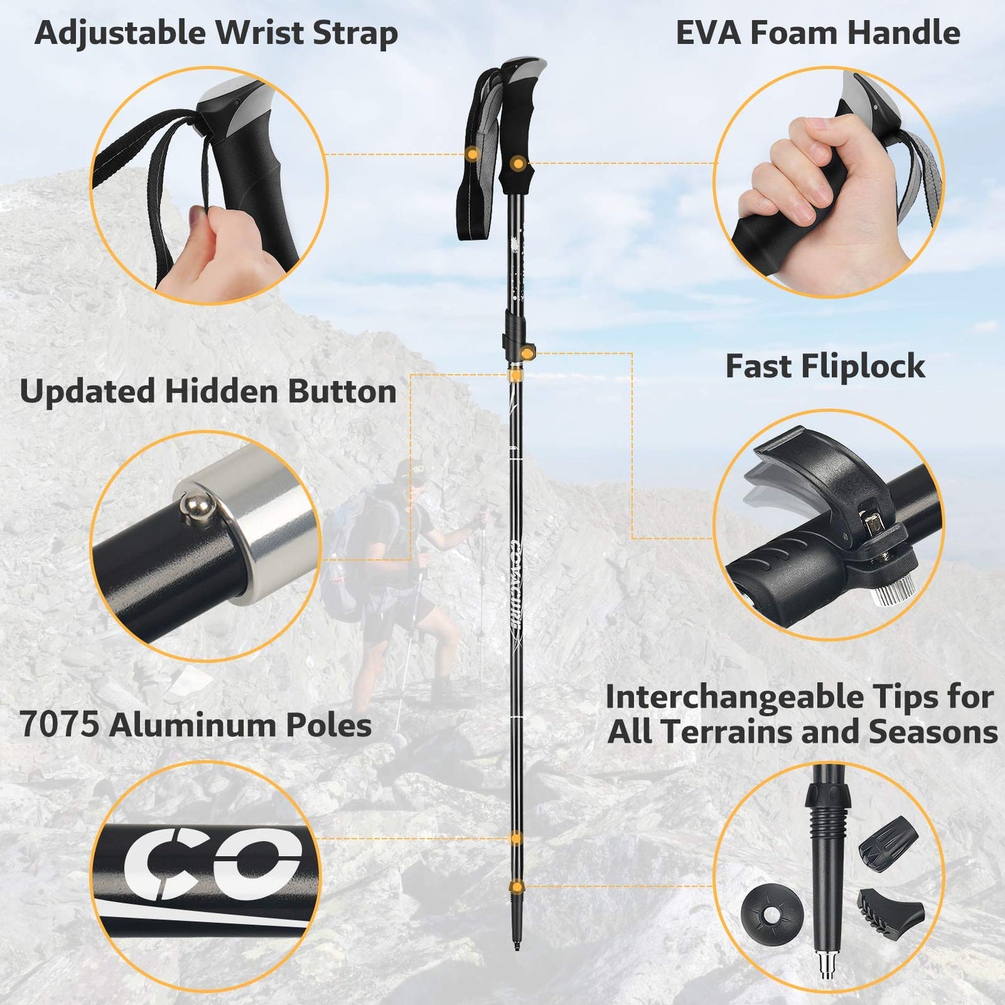 COVACURE hiking poles, lightweight, collapsible, for hiking, camping and backpacking, 7075 aluminum foam handle and padded strap (up to 100-120 cm), 2 pieces