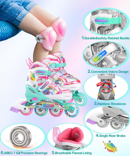 Unicorn inline skates for girls. Adjustable sizes with all glowing rainbow wheels. Perfect gift for beginner teenagers for Christmas and birthdays.