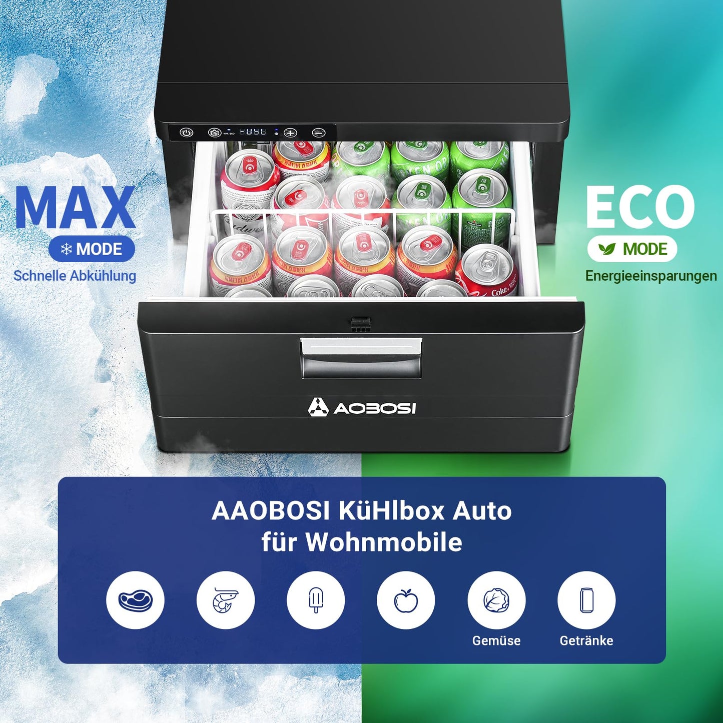 AAOBOSI 31L drawer compressor cooler, RV fridge with APP control, 12/24V, compressor refrigerator, up to -20℃ cooling drawer for car, truck, boat, RV, camping, and outlet.
