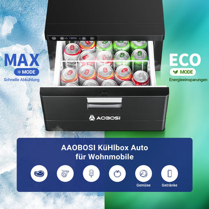AAOBOSI 31L drawer compressor cooler, RV fridge with APP control, 12/24V, compressor refrigerator, up to -20℃ cooling drawer for car, truck, boat, RV, camping, and outlet.