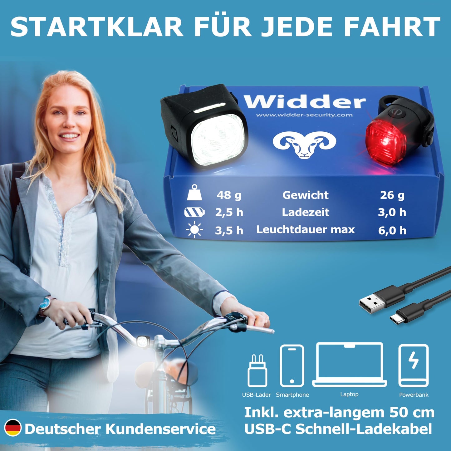 Aries Bike Light Front & Rear as a Set [Very Bright 90 Lum LED] - USB C Rechargeable Bike Light - Front & Rear Bike Light Set StVZO Approved - Bike Lighting for Road Bike MTB Kids Bike