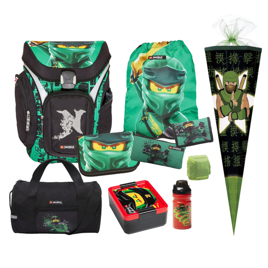 Familando Ninjago school bag set for boys with school cone 85 cm and gym bag - ergonomic, sturdy - 16 L volume, water repellent - With chest and hip belt - Complete set for 1st grade elementary school.
