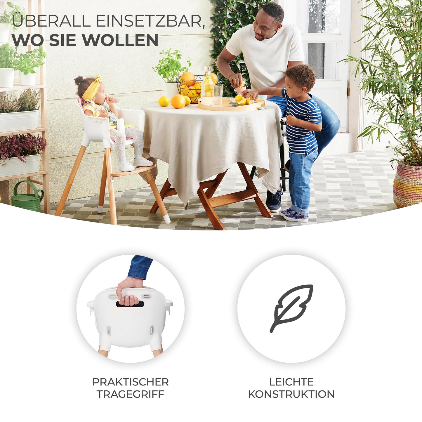 Children's high chair SIENNA 2 in 1, toddler high chair, baby chair, combination high chair, wooden legs, 5-point harness, footrest, removable tray, non-slip chair leg caps, for ages 6 months to 4 years, gray.