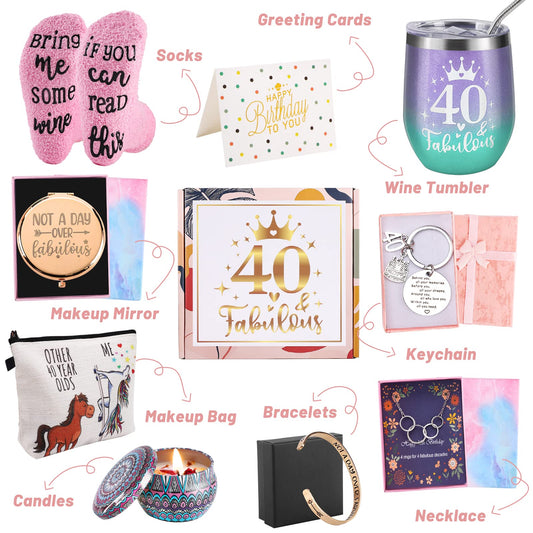 Gifts for a 40th birthday for women, 9 special, unique, fun gifts for women turning 40, wife, mother, sister, friends, ladies, colleagues, socks, wine glass, candle, bracelet.