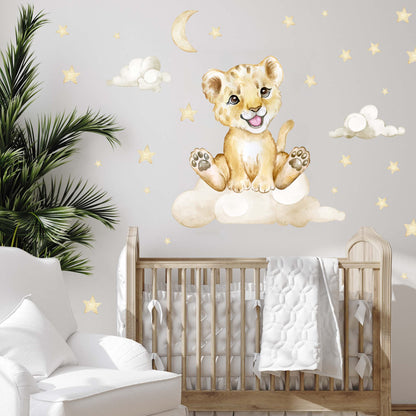 WALL CHILD Lion on the Cloud V273 | Hand-drawn | STICKER Nursery | Wall sticker for children's room with stars Baby lion Baby Safari (50 x 50 cm)