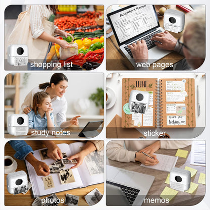 Mini printer with bag, mini label printer bag Portable mini photo printer 10 rolls of printer paper Bluetooth photo printer thermal printer for learning aids learning notes journal memo (White with Bag)
