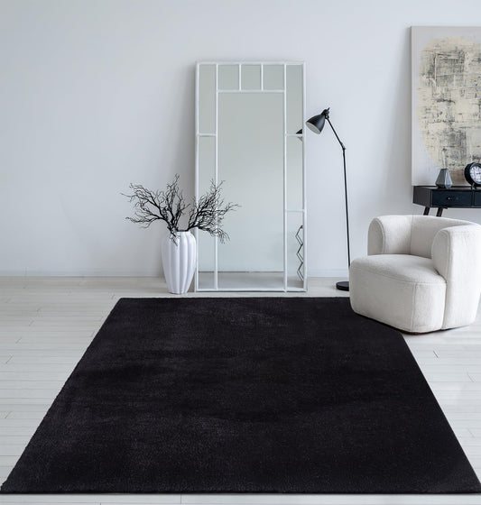 Mia's Carpets Taos cozy short pile carpet, non-slip bottom, washable up to 30 degrees, super soft, fur look, Black, 140 x 200 cm