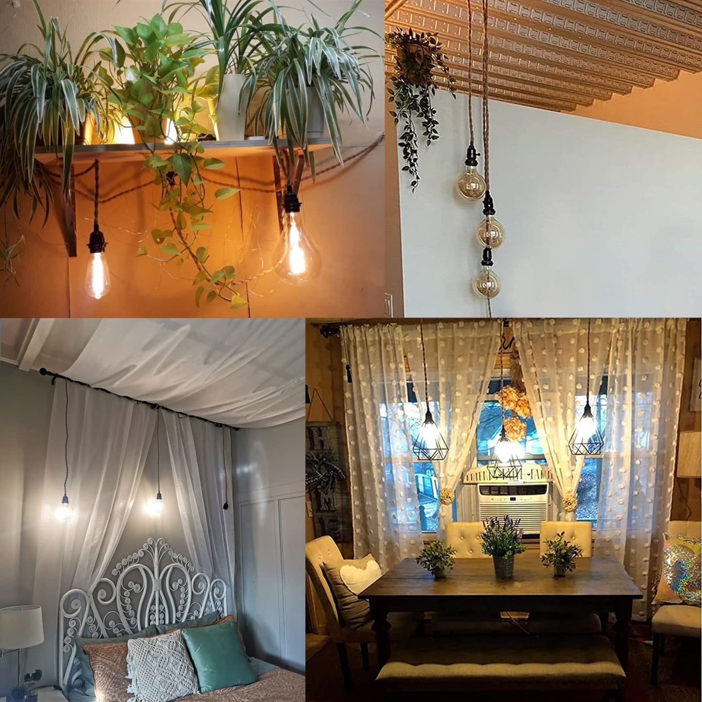 Hemp rope pendant light kit with switch and EU plug, 3 lights hanging lamp E27 socket with 8.5m textile cable vintage industrial pendant light for kitchen dining table, no bulb included.