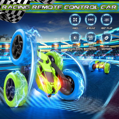 Cosone Remote Control Cars, 2.4GHz Remote Controlled Car Toy with headlights, All-wheel Drive Off-road Stunt Car, Double-sided 360° Rotation, Birthday Gifts for Boys 6+ years old (Blue-Green)