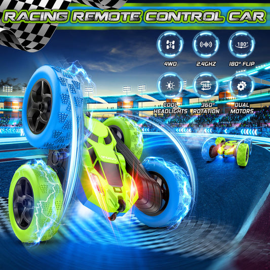 Cosone Remote Control Cars, 2.4GHz Remote Controlled Car Toy with headlights, All-wheel Drive Off-road Stunt Car, Double-sided 360° Rotation, Birthday Gifts for Boys 6+ years old (Blue-Green)