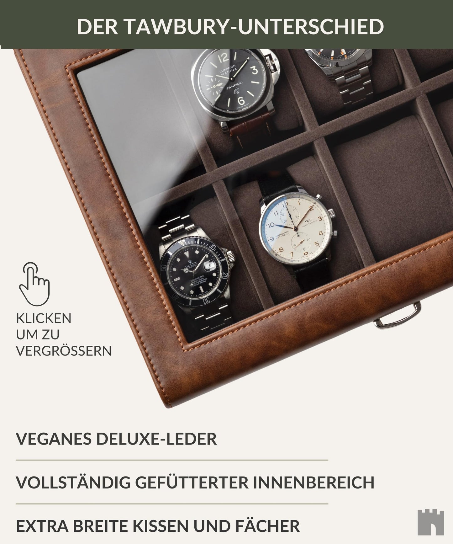 TAWBURY watch box for men for 8 watches - Men's watch box with 8 compartments made of brown vegan leather | Watch storage | Watch box for men | Watch case (Brown)