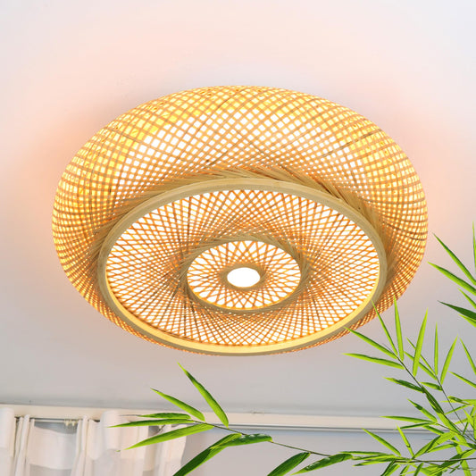 Bamboo LED ceiling light with remote control, dimmable handwoven natural wood lamp. Retro rattan design, 50W, round shape for bedroom, living room, hallway, 50cm.