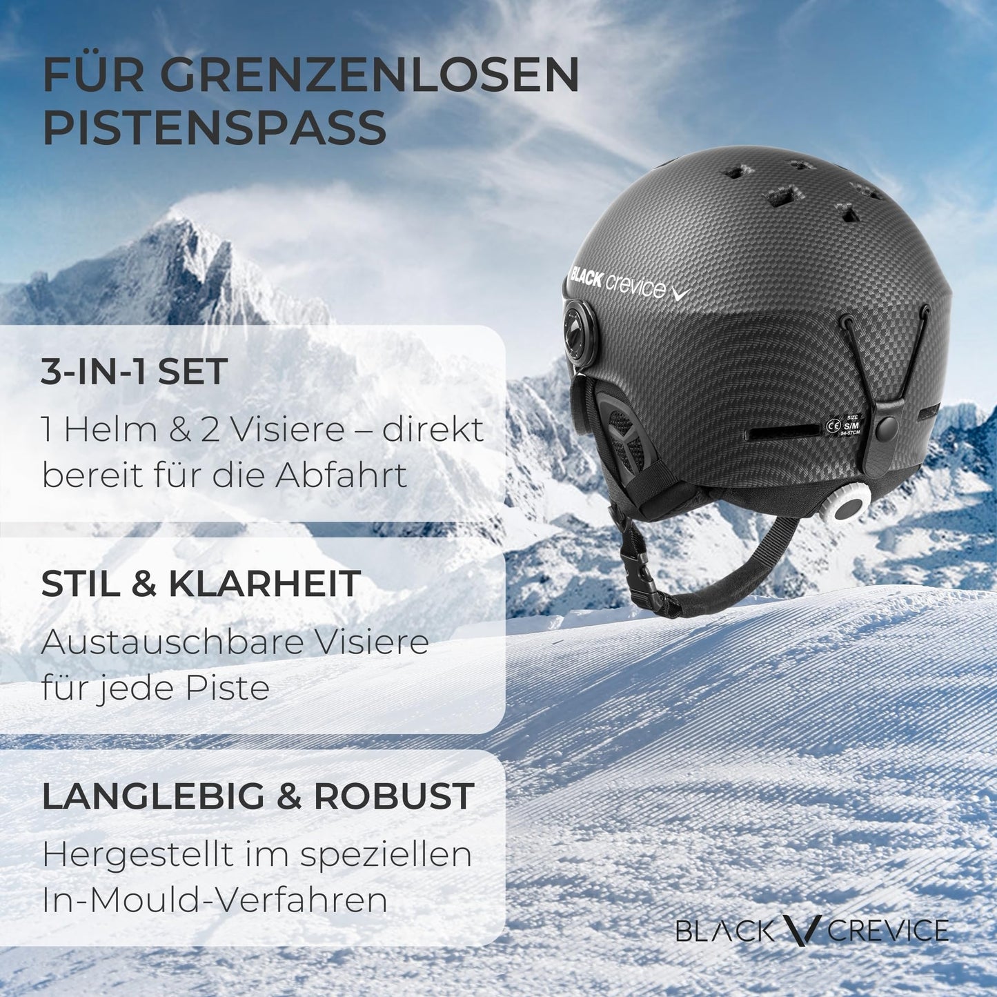 Black Crevice Arlberg ski helmet with 2 visors, carbon black/gray, M/L.