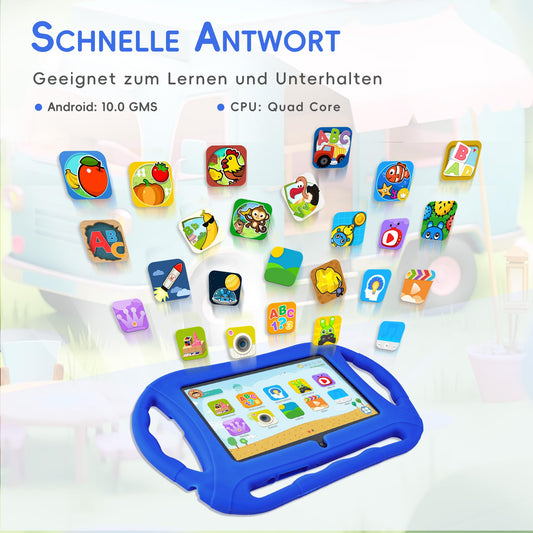 Veidoo Children's Tablet 7 Inch Android 32GB, WiFi, GMS, Dual Camera, Parental Control, Learning Educational Toddler Tablet with Silicone Case (Blue)