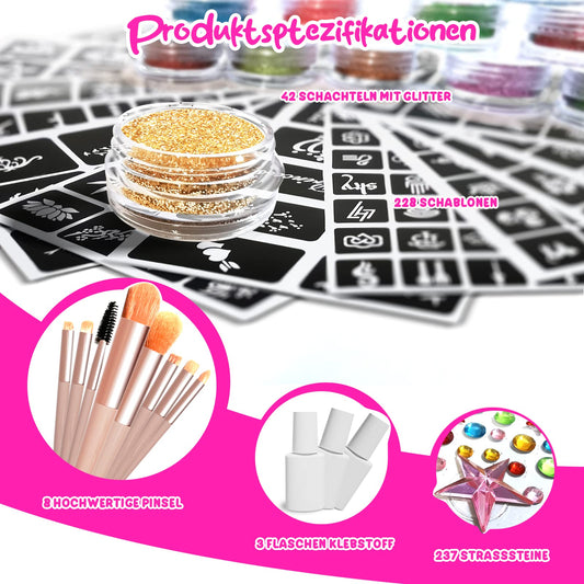 jingyuanli Glitter Tattoo Set for Kids - 42 colors Temporary Glitter Tattoos for Girls, 228 stencils, 8 brushes, 233 rhinestones, 3 glues, Carnival Glitter Makeup Kit, for girls aged 3 and up