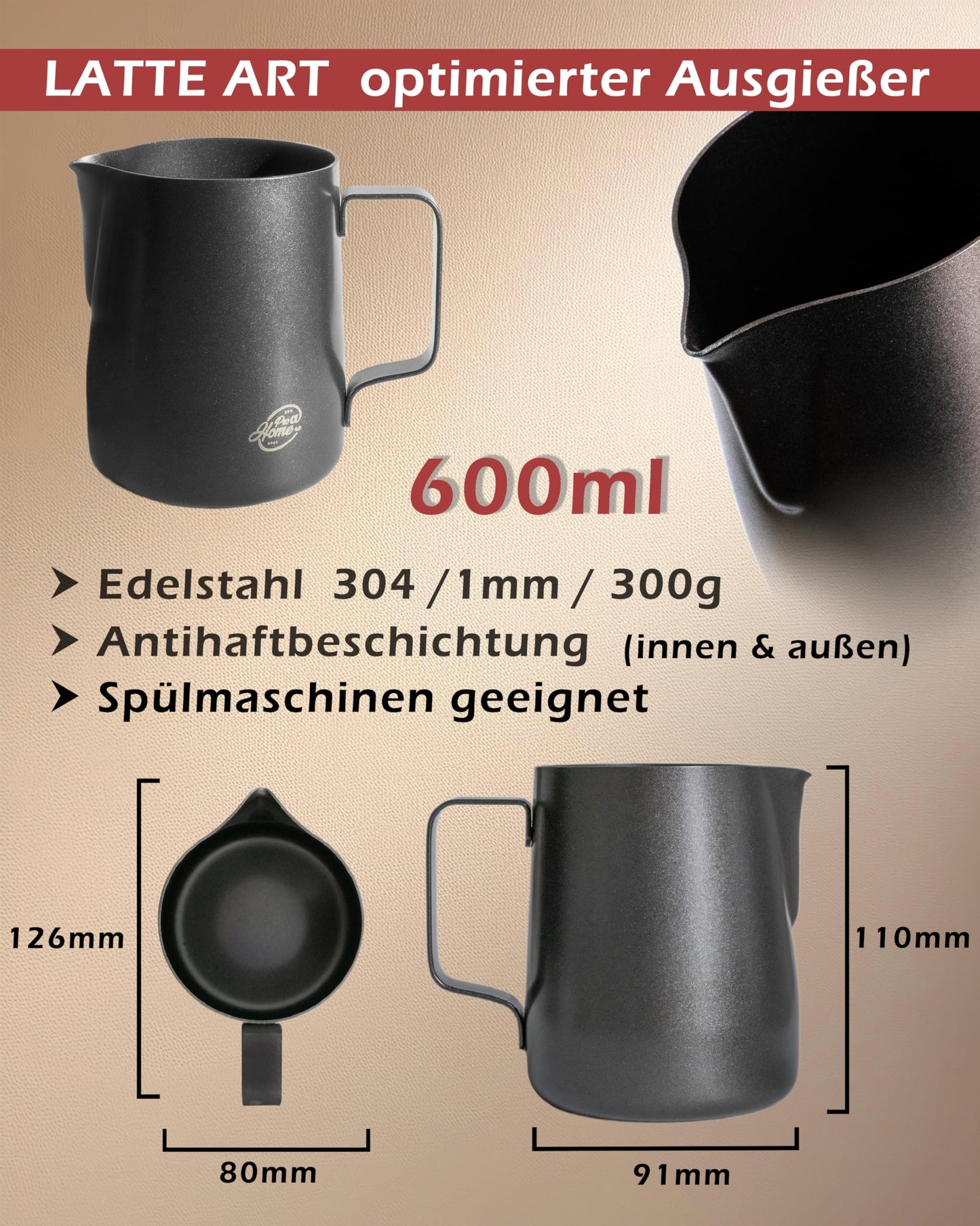 Pro@Home43 Barista Milk Jug Stainless Steel black anthracite 600ml (also 350ml) including Latte Art Pen / Milk Frothing Jug in gift box
