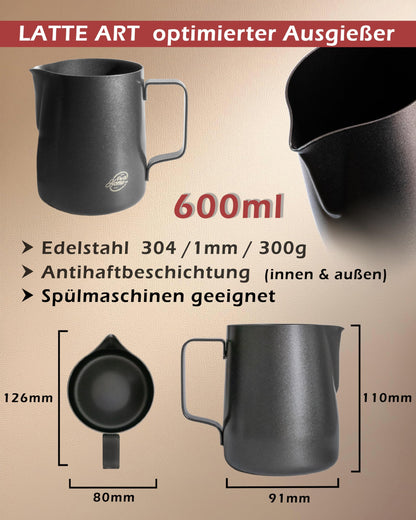 Pro@Home43 Barista Milk Jug Stainless Steel black anthracite 600ml (also 350ml) including Latte Art Pen / Milk Frothing Jug in gift box
