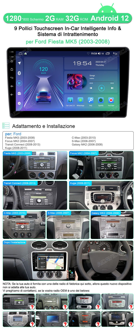 ACAVICA 9 inch Android car radio for Ford Fiesta MK5 Focus MK2 Transit Kuga C-Max S-Max Galaxy Wireless Carplay Car Radio Bluetooth GPS Navigation SWC WiFi
