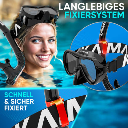 KAIMANA® Snorkel Set for adults with tempered safety glass (diving mask & dry snorkel), Comfortable adult diving mask with silicone or fabric strap.